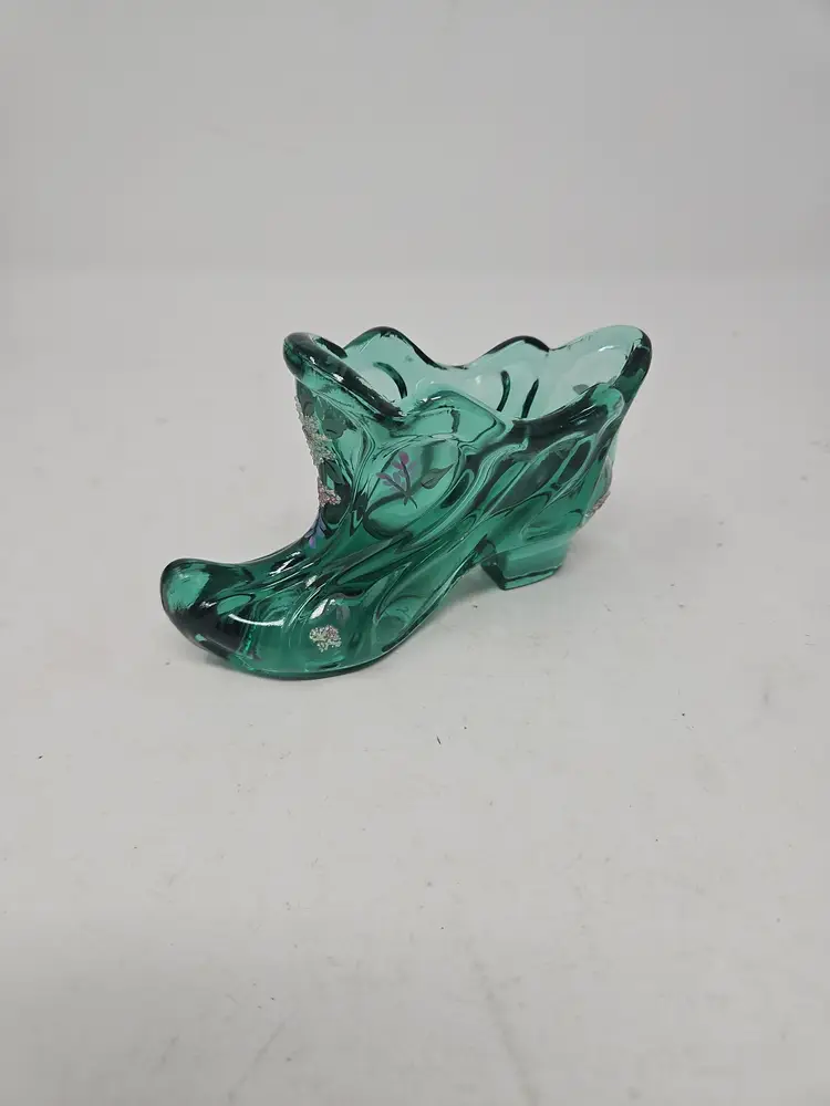 Fenton Art Glass Hand Painted with Flowers Green  Slipper Shoe Signed W. Wiblin