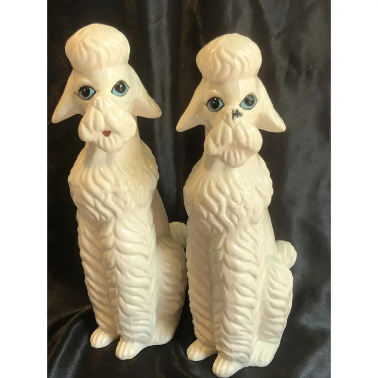 Vintage Pair Artmark Japan 10.5" White Ceramic Poodle Figures MCM Mid Century Modern