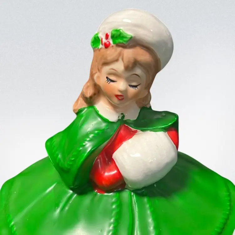 60's Vintage Lefton Christmas Girl Shopper With Muff, Vintage Christmas Candy Dish Jar, Red And Green Victorian Christmas Girl