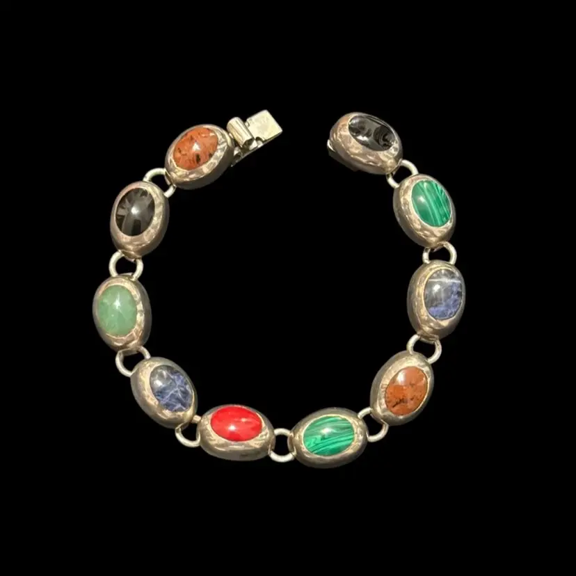 Vtg Rmch Signed Chunky Mexico 925 Gemstone Oval Cabochon Tennis Bracelet