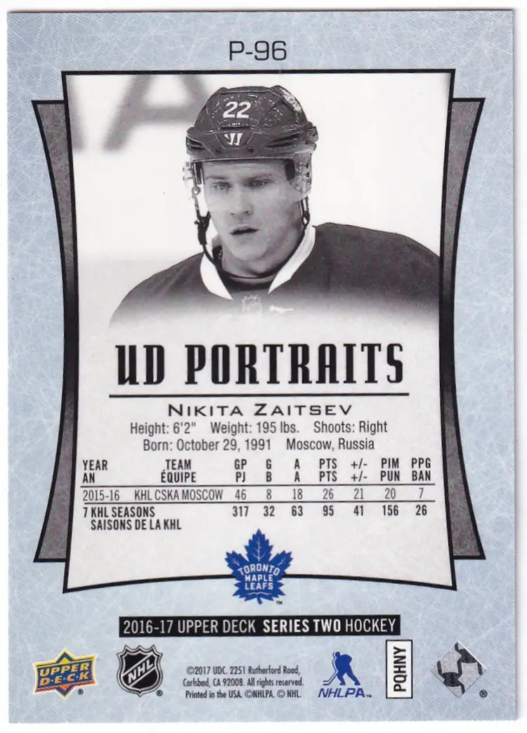 2016-17 Upper Deck UD Portraits Rainbow Foil #P96 Nikita Zaitsev Toronto Maple Leafs Hockey Card