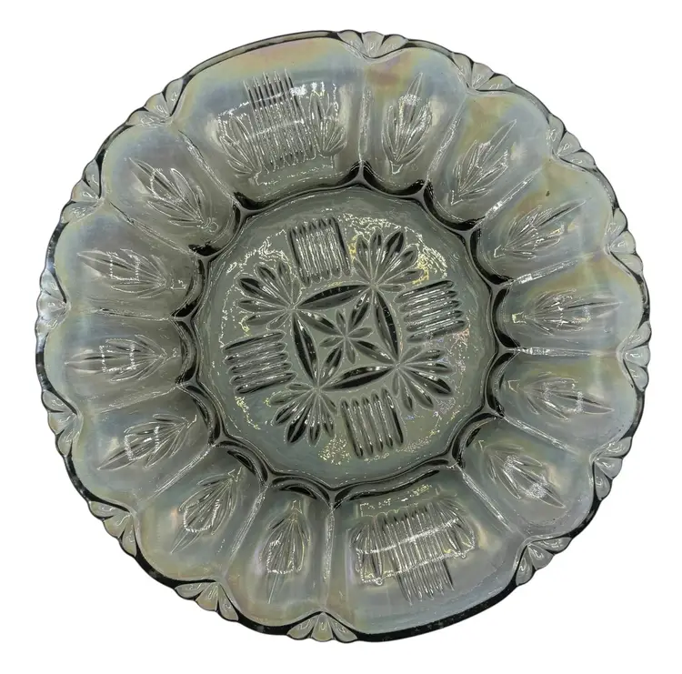 Federal Glass Georgetown Deviled Egg Plate Tray Smoky Iridescent Carnival 10.5”