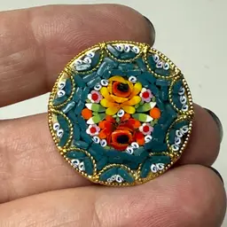 Vintage Micro Mosaic Teal Blue Floral Brooch Pin Gold Tone Rope Detail