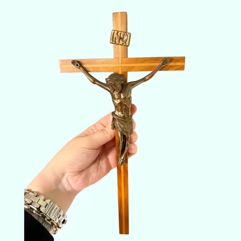 12" Vintage German Wooden Crucifix Cross, Bronze Jesus Christ INRI
