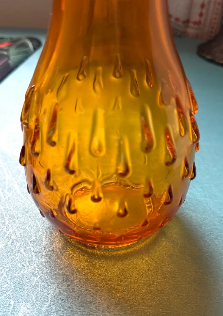 Vintage MCM Amber Orange Bulb Teardrop Hobnail Vase 9"