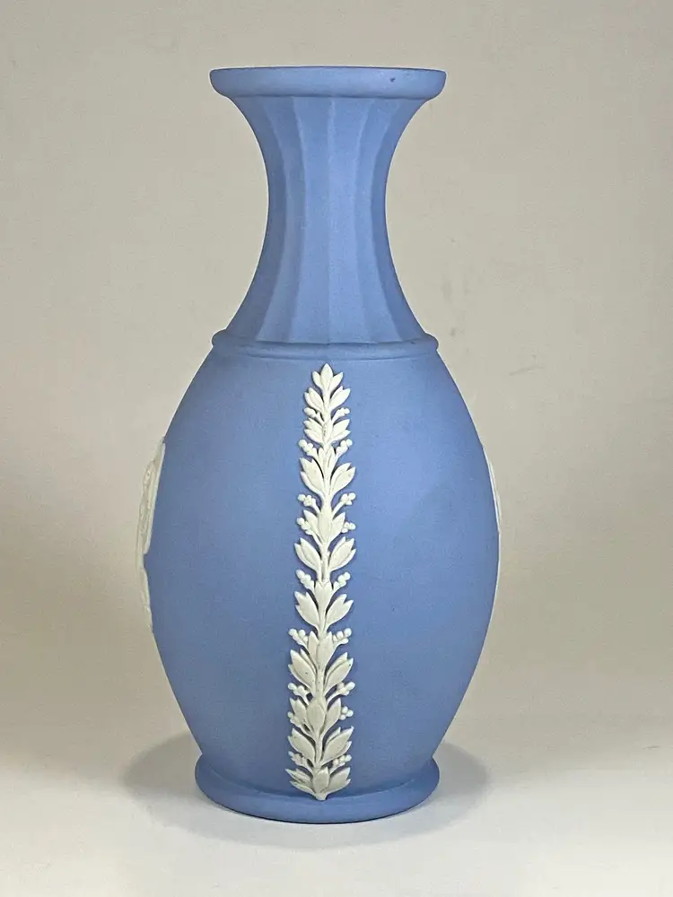 Wedgwood Jasperware Blue Bud Vase White Detail Goddess Angels 6" Made in England