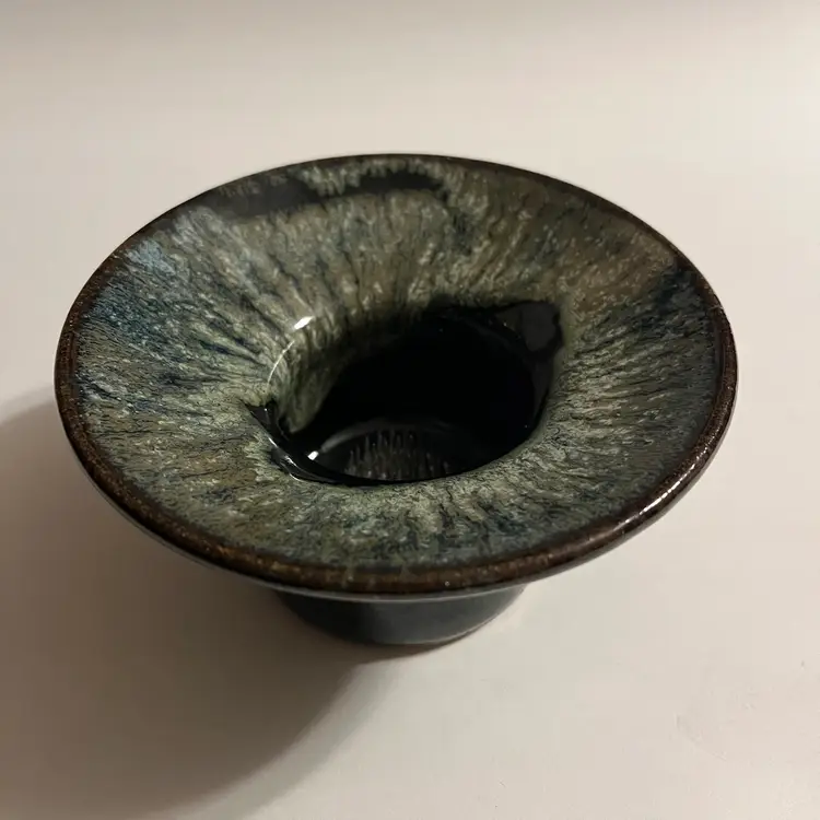 Studio Pottery Drip Glazed Ikebana Vase with Metal Floral Frog 4.75" D Signed