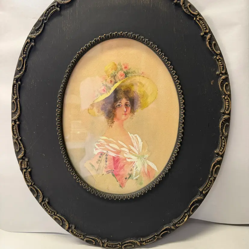 Vintage Black Oval Framed Lady In Floral Hat Artwork On Board Portrait