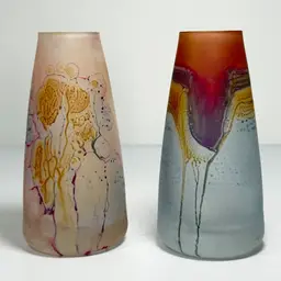 Pair Reuven Rueven ? Isra Art Nouveau Bud Vases Frosted Painted Stained 4"