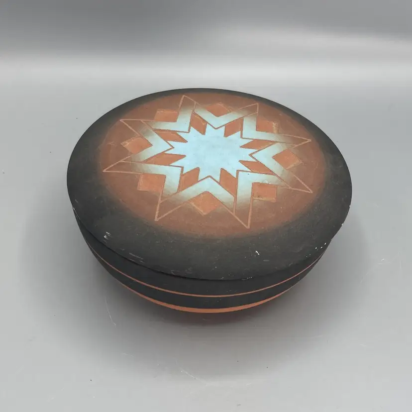 Native American Sioux Pottery Lidded Trinket Box with Feet - Signed