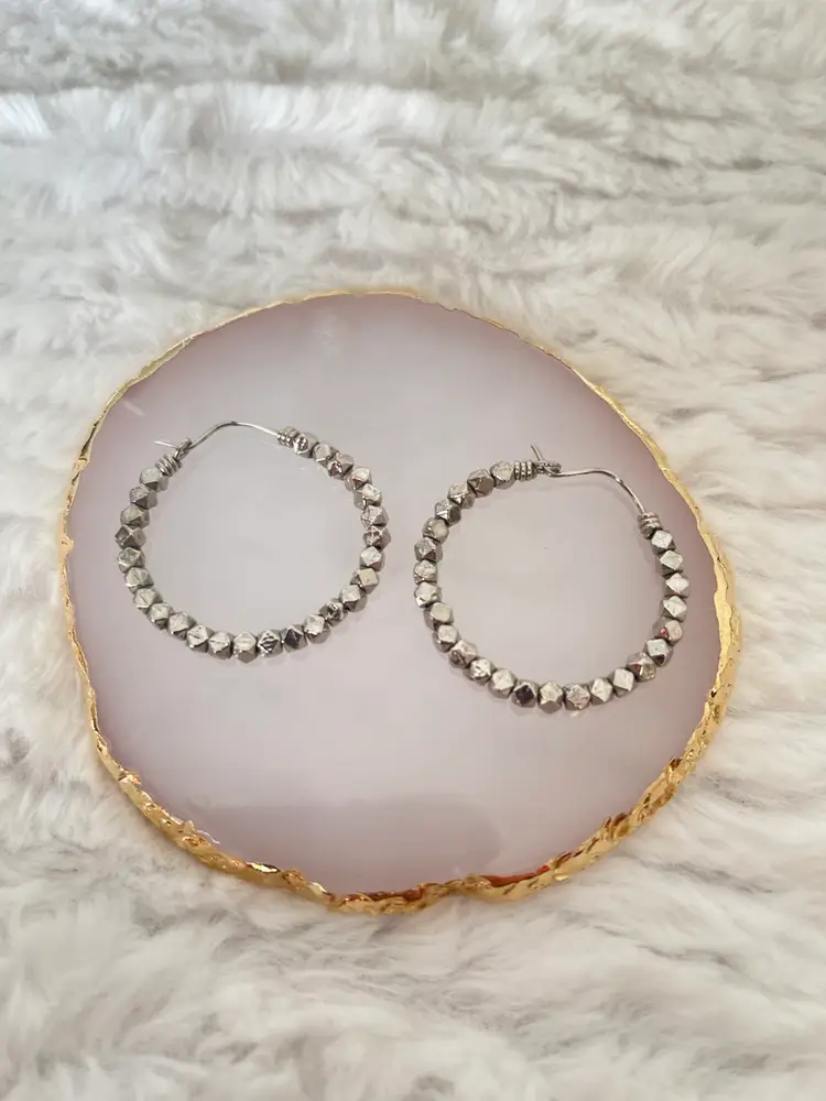 Silver-Plated Beaded Hoop Earrings – 1.5” Pierced