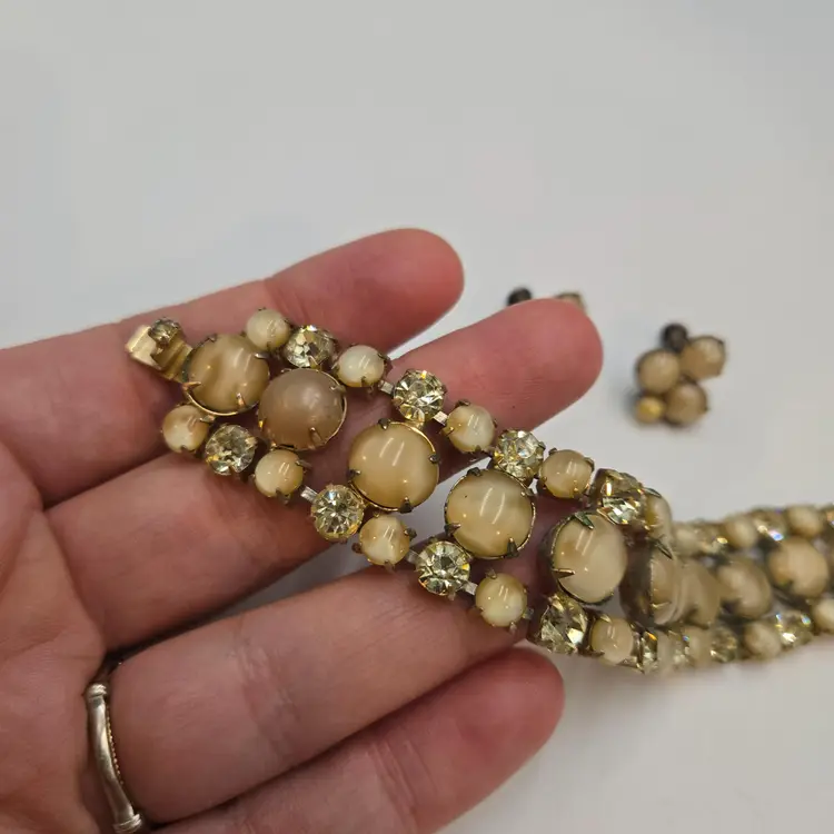 Vintage Moonglow Glass Bracelet And Screwback Earrings Champagne Color 1950s