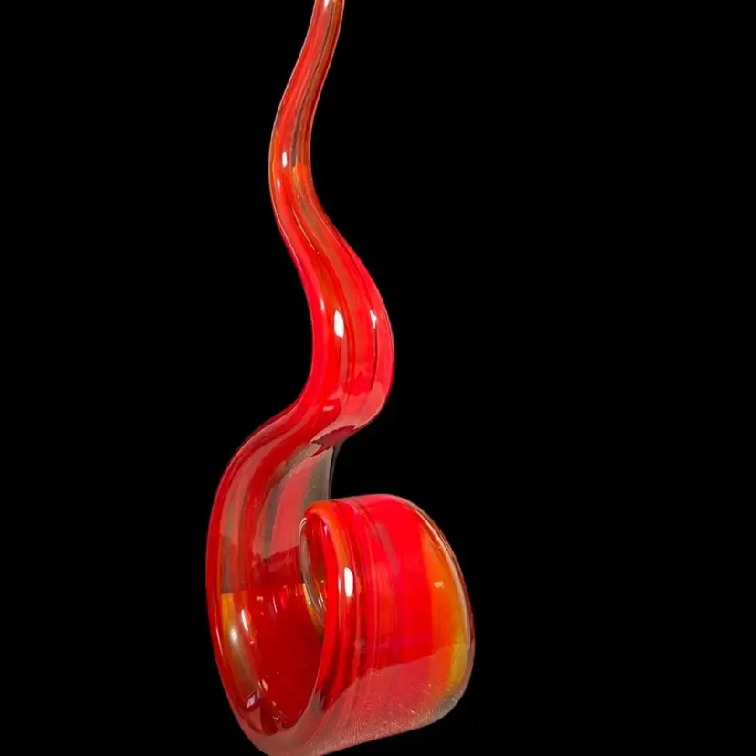 Hand Blown Art Glass Dazzling Ruby Red w/ Oranges-UV Reactive-"Dazzling Flame"-Is in the Shape of Swirling Ribbon Like Shape