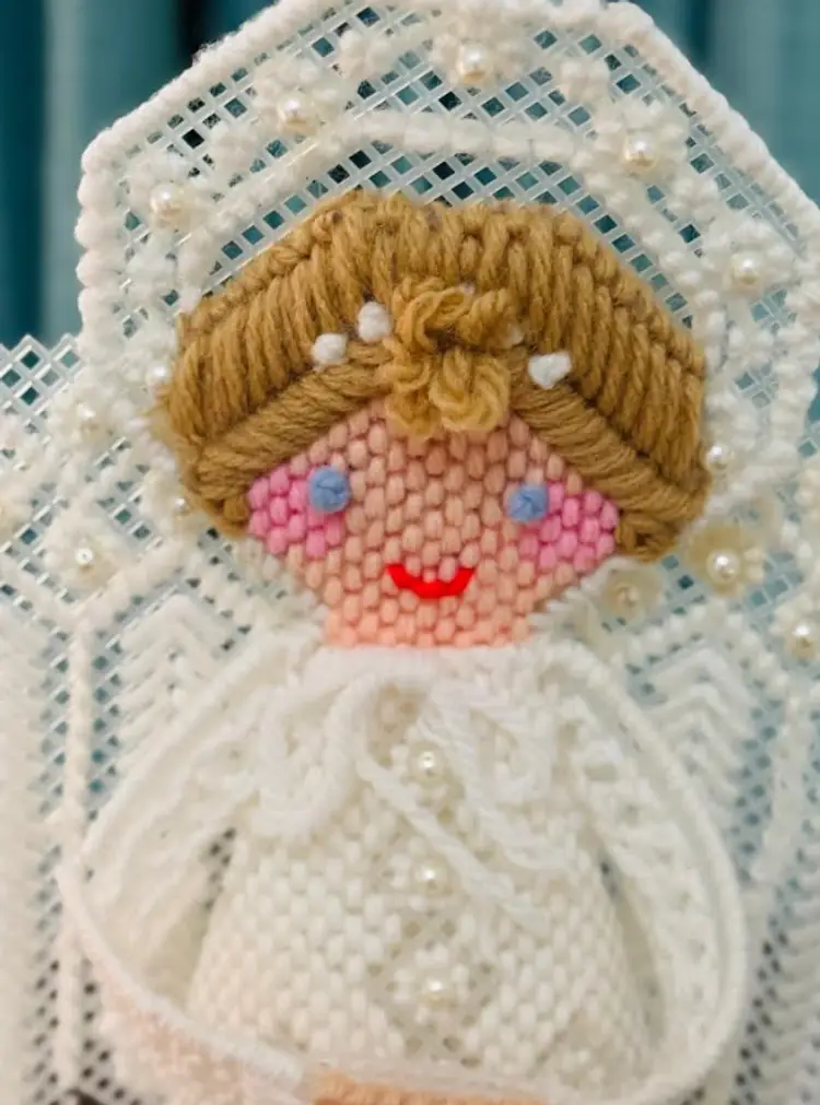 VTG Angel Christmas Tree Topper White Needlepoint Plastic Canvas Handmade 12 in