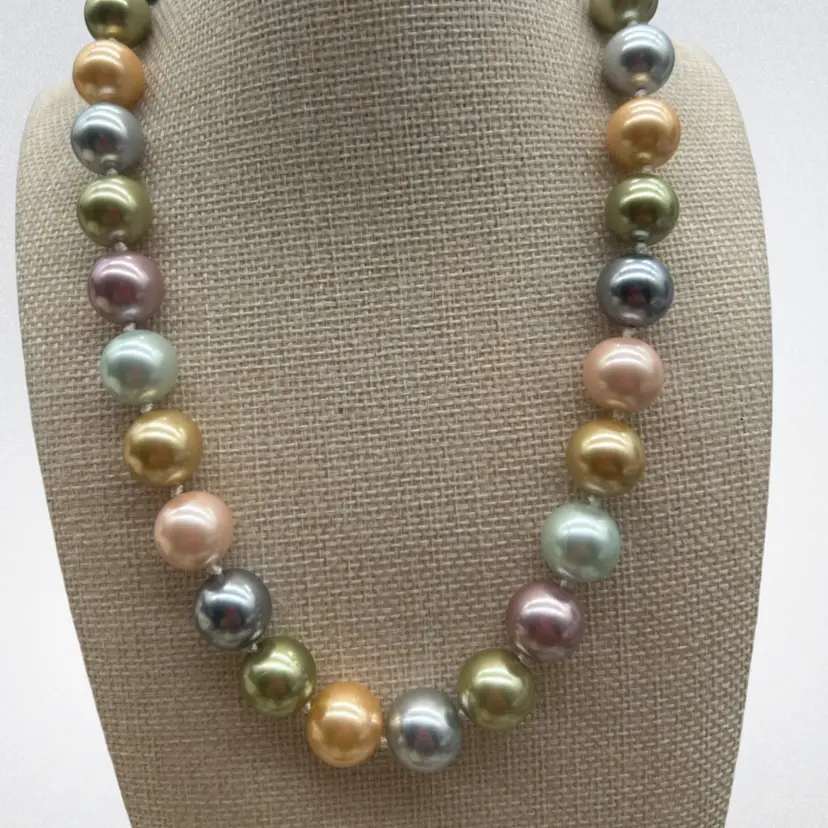 Kenneth Jay Lane 2009 KJL Knotted Glass Faux Pearl Necklace 16” + 3” Extender Multicolor Pastel