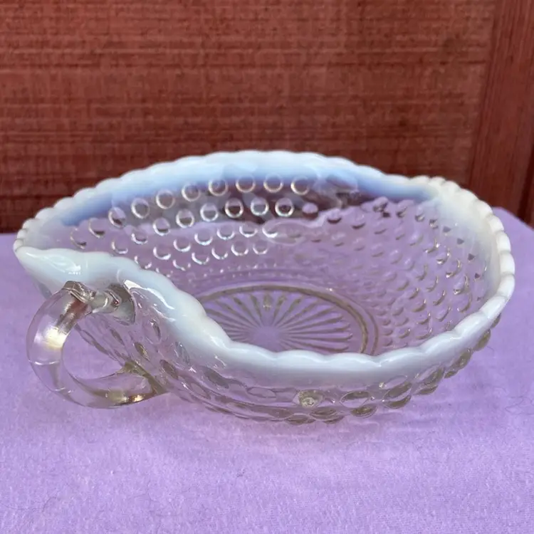 Vintage, Moonstone, Clear & Opalescent Hobnail, Handled, Heart-shaped Bowl