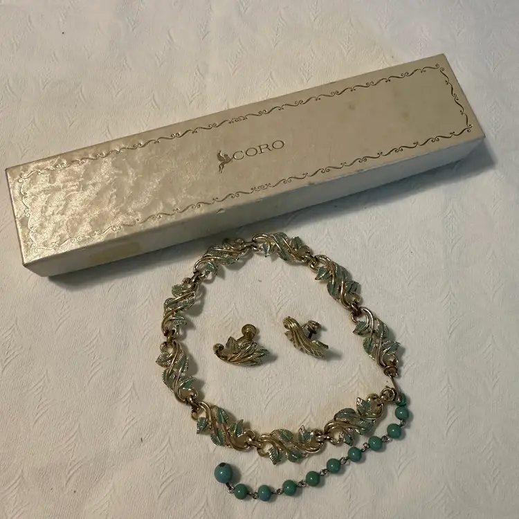 Vintage Coro Gold Tone Teal Enamel Leaf Necklace And Screw Back Earrings