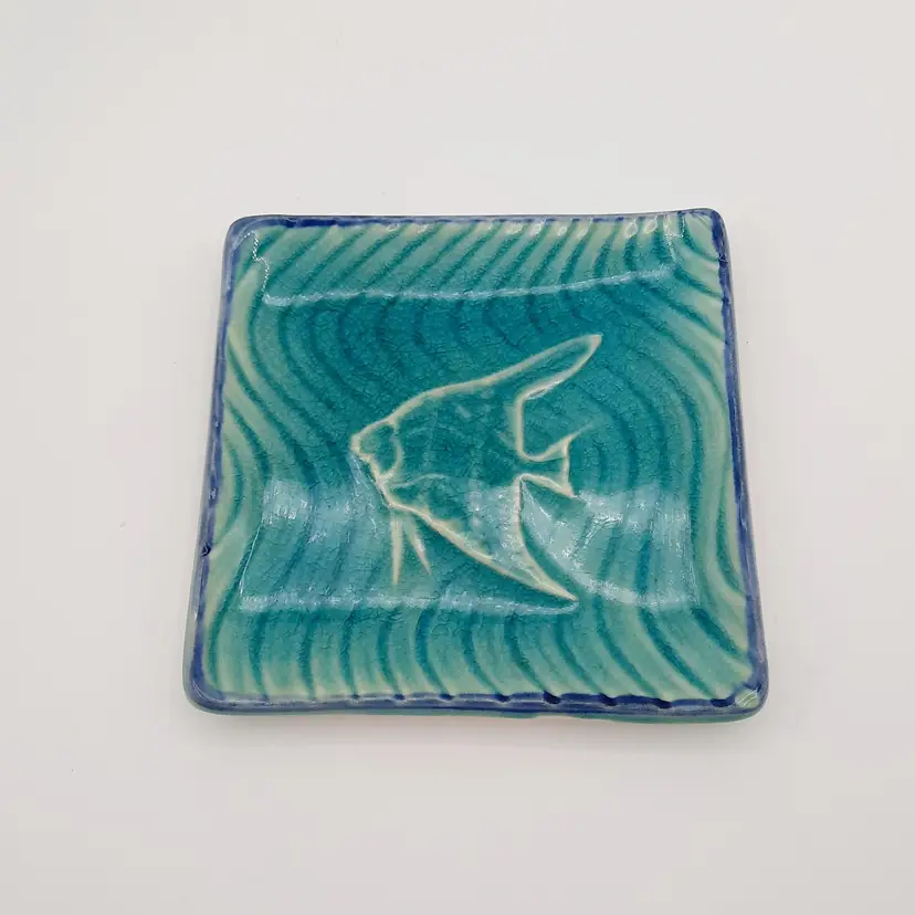 Teal Blue Green Crackle Glaze Angelfish Square Trinket Dish