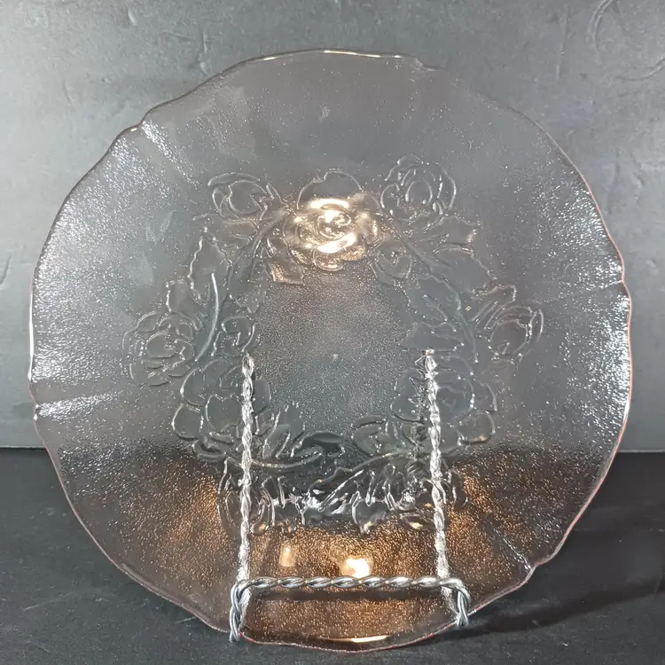 Vintage ARCOROC France ROSA PINK Glass Salad Plate ROSES 7 1/2"