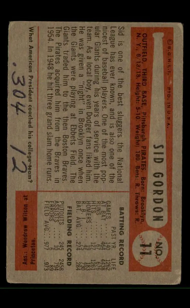1954 Bowman #11 Sid Gordon - (pk-tl3) - Pittsburgh Pirates