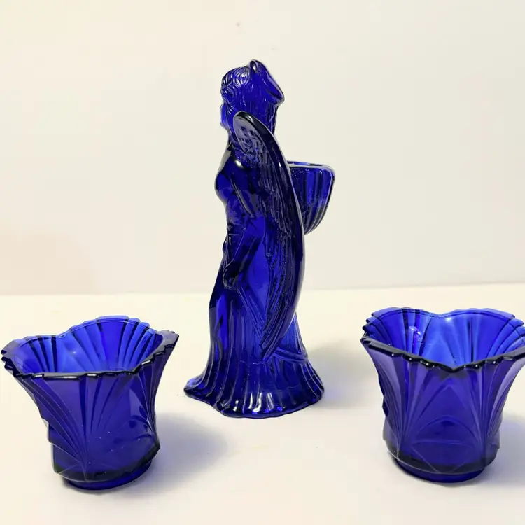 Vintage Cobalt Blue Glass Angel Figure & Drape Texture Candle holders