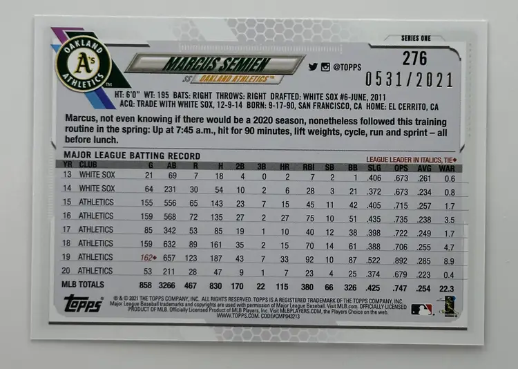 Marcus Semien Topps 70th Anniversary Athletics Card Gold #531/2021