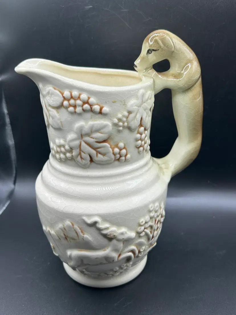 Vintage Dog Handle Deer Pitcher With Grapes & Leaves