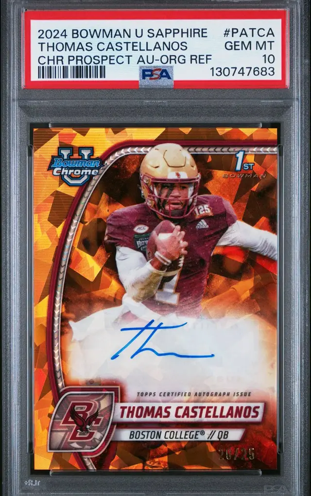 Thomas Castellanos 1st Bowman Chrome U Sapphire Orange Auto /25 PSA 10 Florida State Seminoles