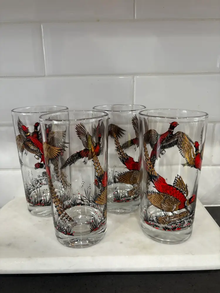 Vintage MCM Red Gold Ringneck Pheasant Tall Barware Glasses Set Of 4