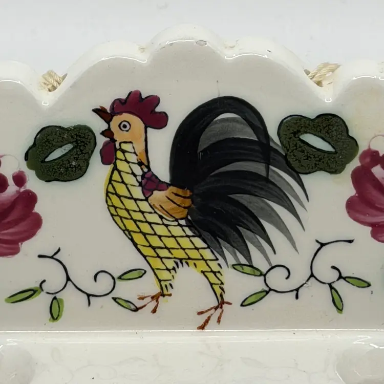 Vintage PY Ucagco Ceramic Kitchen Utensil Holder Hand Painted Provincial Rooster And Roses Cottage Core Farm Country Decor Slots For 2 Utensils Holes For Wall Mounting Made In Japan