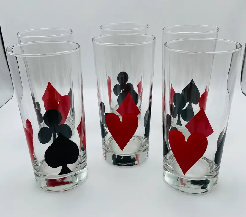 Vintage MCM 6 Libbey Glass Tumblers, Poker, Red/Black Playing Card Suits Highball Glasses/Tumblers Barware 