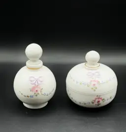 Westmorland Milk Glass Hand Painted Floral Perfume Bottle And Powder Dish Vanity Set Of 2.