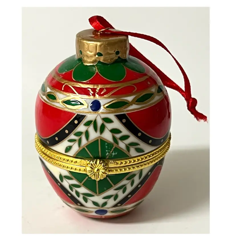 Easter Egg Shaped Christmas Trinket Jewelry Hinged Clasp Box Ornament 3 in Height