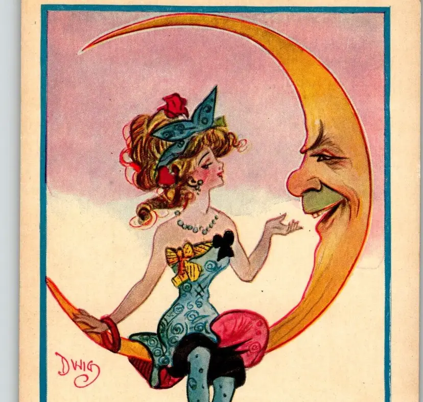 Fantasy Postcard Dwig Lady Sits On Crescent Moon Human Face Anthropomorphic Rose