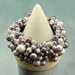 Beaded Stretch Bracelet Faux Pearl Cha Cha Bauble Purple Gray Ivory Statement