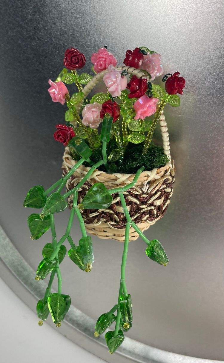Mini Basket Magnet Beaded Roses Assembled Made By Me