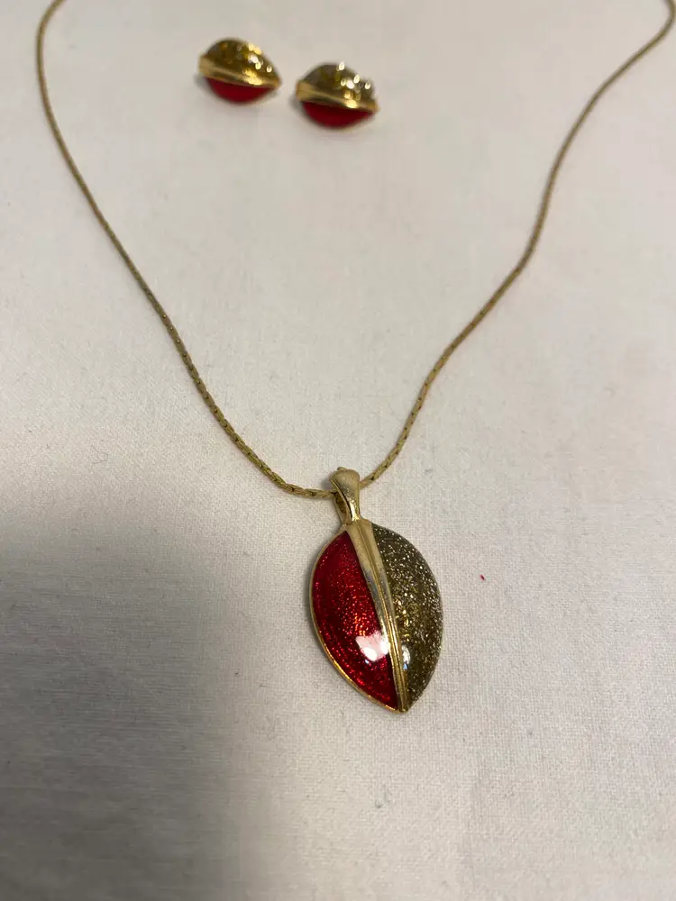 1960’s Royal Gold and Red Enameled Necklace and Earrings