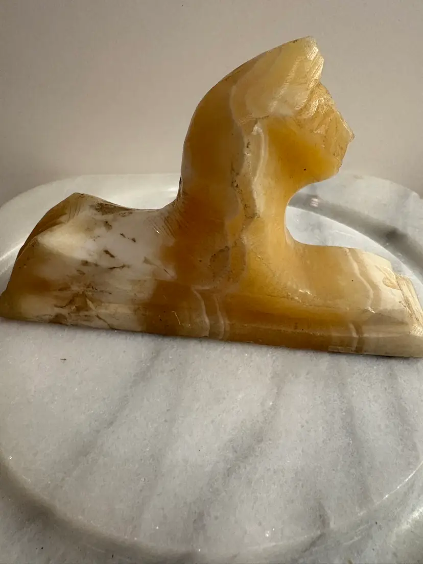 Yellow Onyx Egyptian Sphinx, Nicely Carved Figurine Or Paper Weight