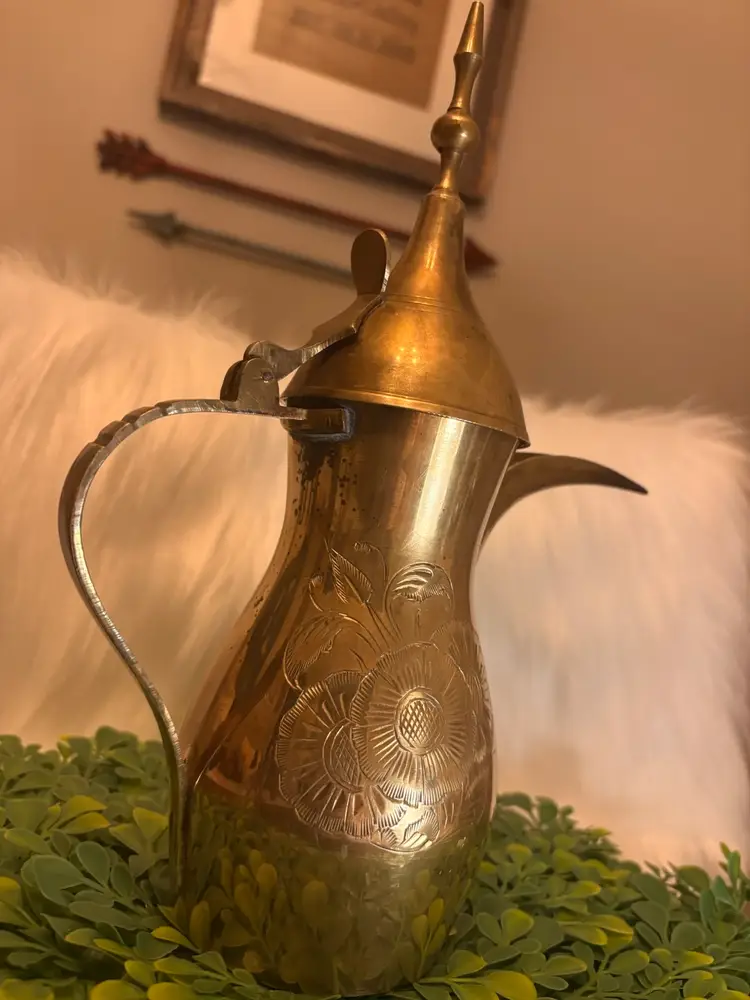 Vintage Etched Brass Dallah Arabic Coffee Pot