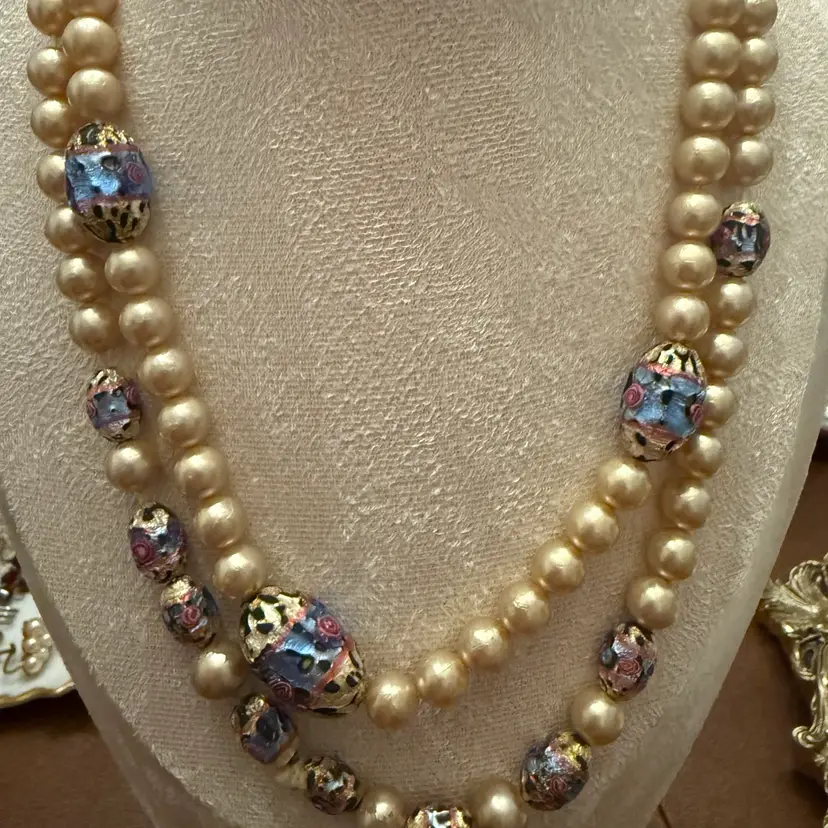Murano Wedding Cake Bead And Pearl 36” Necklace