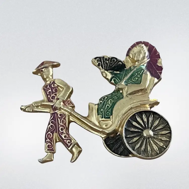 Vintage Rickshaw Asian Pin Brooch marked Germany gold tone and painted figural