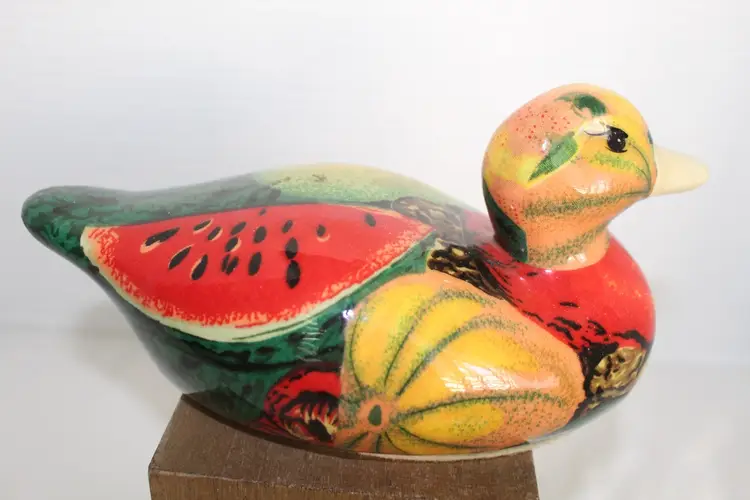 Pair Of VintageEnesco Decoupage Ceramic Duck Mallard Decoy Figurine  Fruit Decor