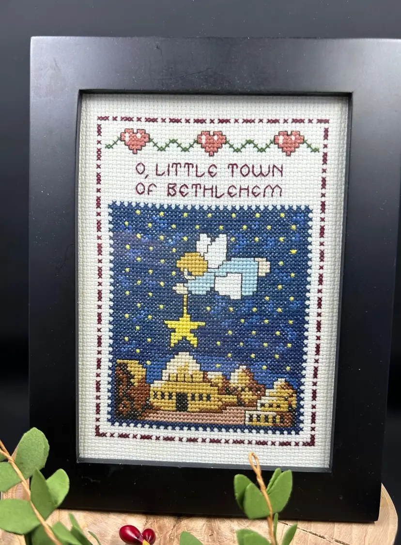 Framed Christmas Cross Stitch Angel O Little Town Of Bethlehem