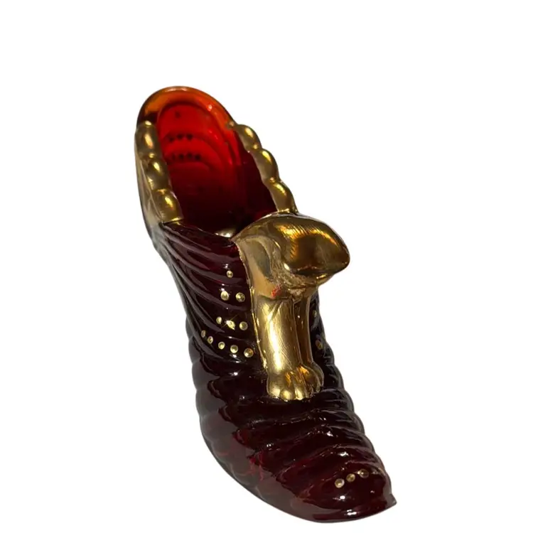 GLOWY Randy Fenton Artist Signed Amberina Handpainted Gold Cats Head Slipper Shoe - 5” Long