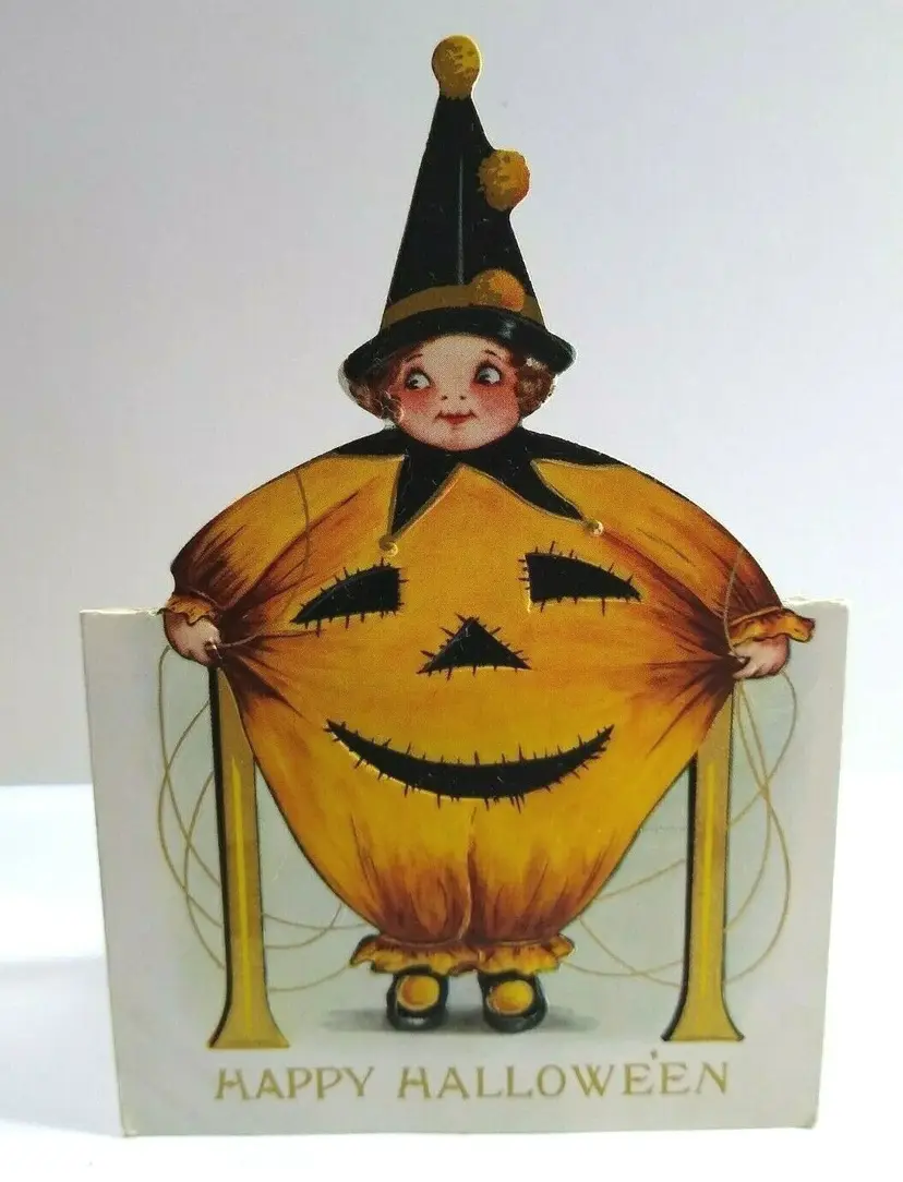 Halloween Postcard Whitney Die-Cut Standup Clown Girl Pumpkin Costume Original