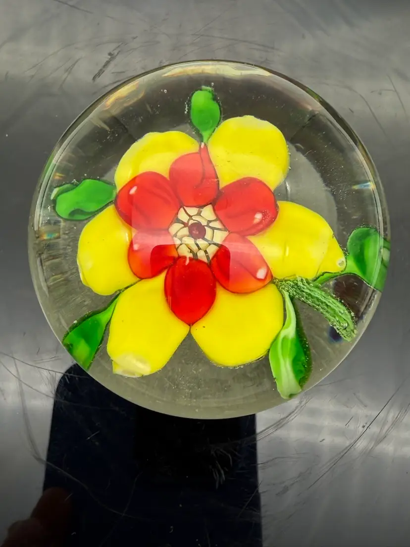 Art Glass Yellow red Flower Paperweight
