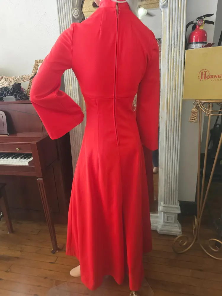 Vintage 1970s Red Renaissance Style Maxi Dress With Bell Sleeves