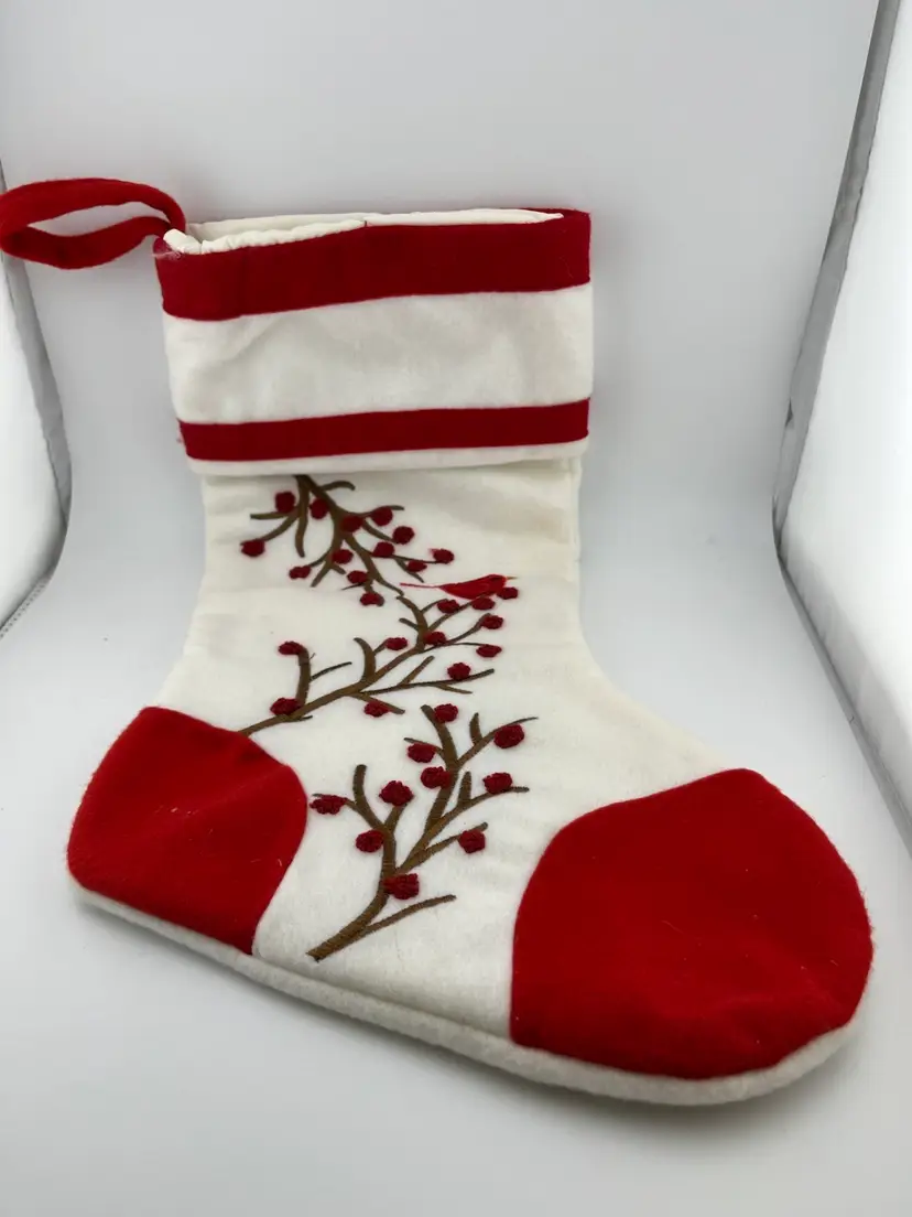 Cloth Christmas Stocking with Red Felt Cardinal on branches with berries. Silky Smooth Ivory Lining.