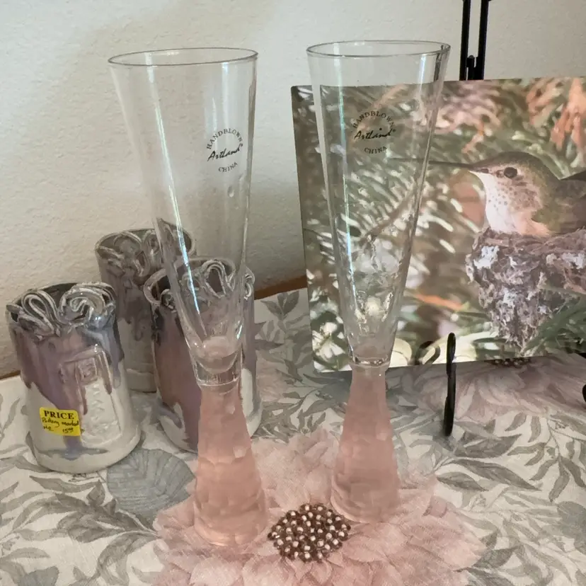 Hand blown Artland Fluted Glasses Pink Satin Base 10” Tall