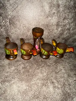 Vintage hand painted wood chicken egg cups and hourglass timer set of 5
